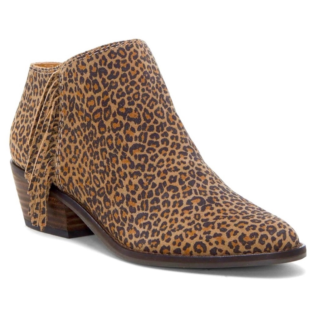 Lucky Brand Felisie Animal Print Cheetah Fringe Suede Bootie 7.5 / 38 Boho